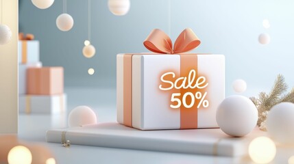 Naklejka premium Sale 50% Neon Light Gift box with 50% sale tag and decorative ornaments.