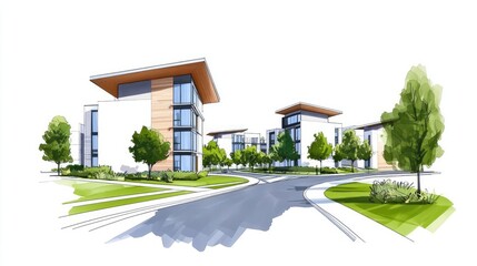 Architect sketching concept. Modern architectural design featuring contemporary residential buildings.