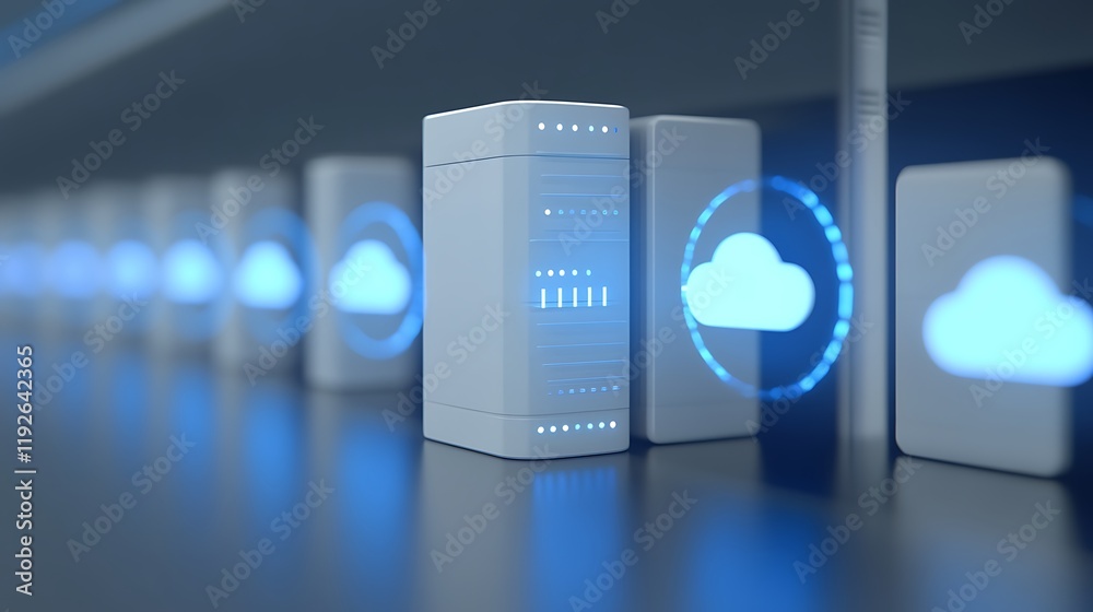 Poster digital cloud computing technology with server devices and glowing cloud icons in modern data center