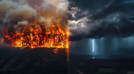 Wildfire and Lightning Storm Splitting a Forest Landscape in Half