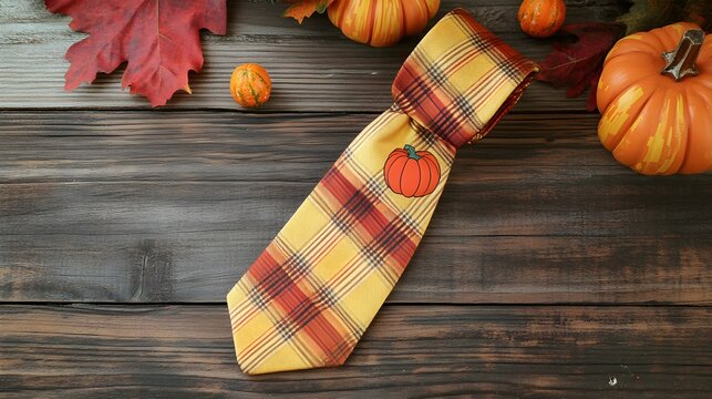 A stylish Thanksgiving tie displaying a rich plaid pattern intertwined with pumpkin motifs in warm hues of orange and yellow. The tie is set against a rustic wooden backdrop, enhancing its autumnal 