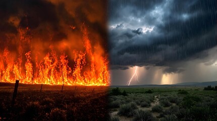 Fototapeta premium Wall of Fire and Lightning Storm Splitting a Landscape, Powerful Scene