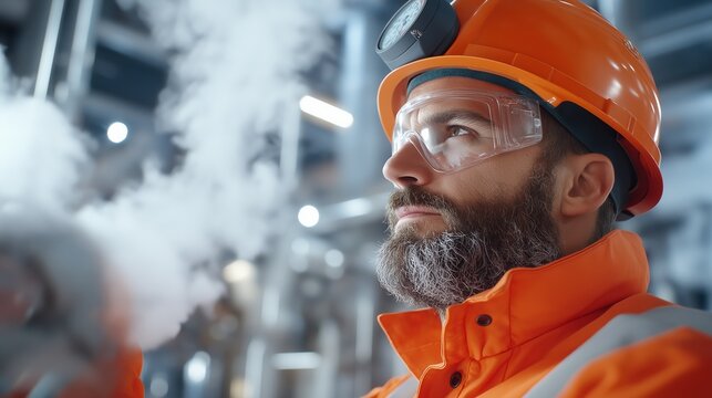 A focused oil field worker wearing orange safety gear and goggles, surrounded by steam and industrial machinery. The image highlights determination, professionalism, and a robust industrial atmosphere