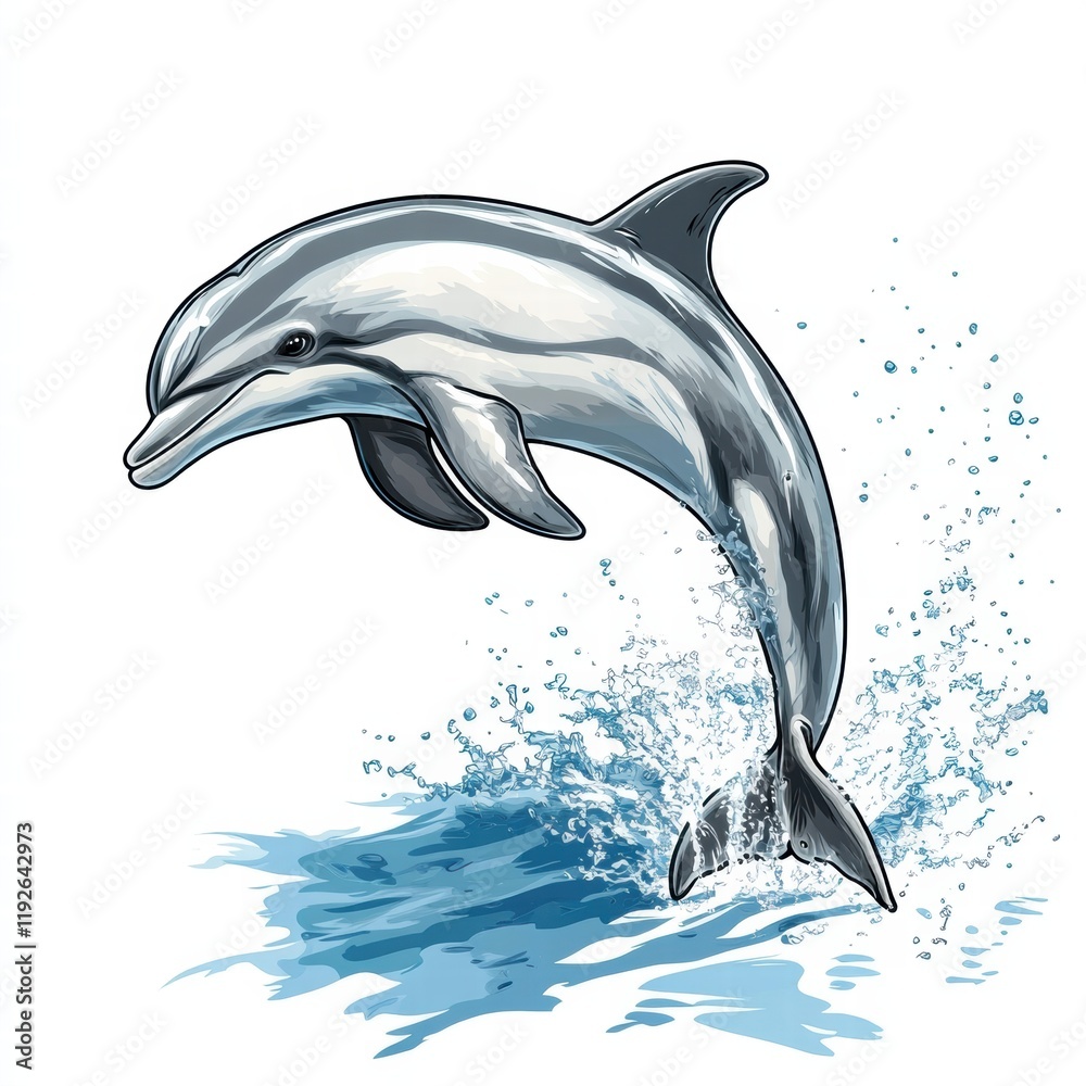 Aufkleber dolphin leaps joyfully above ocean waves in a vibrant and dynamic illustration showcasing marine lif