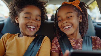 ack seats of a car with two black sisters of 9 years old smiling looking at each other wearing seat belts and using a digital tablet