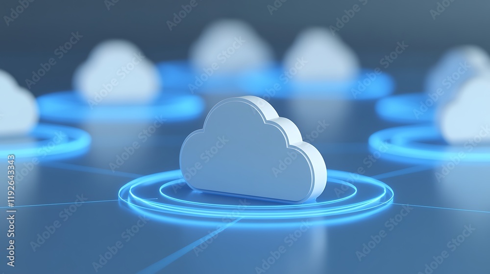 Poster digital cloud network concept with central cloud and surrounding nodes in blue light technology back