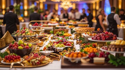 Fototapeta premium Impressive buffet spread at an evening event with elegant decor and diverse dishes