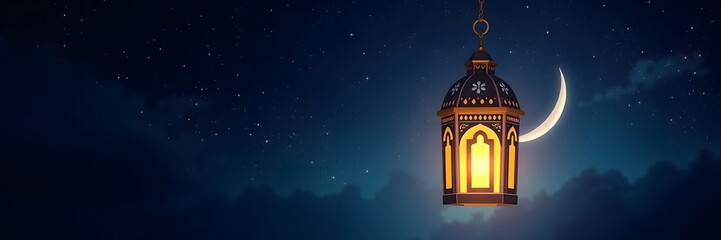Obraz premium Origami-Inspired Islamic Lantern, Crescent Moon & Starry Night