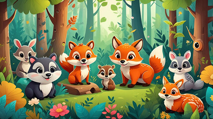 Cartoon style cute forest animals fox raccoon  owl squirrel colorful trees forest background