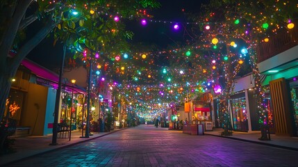 A festive street glowing with bright, multicolored string lights, draped across buildings and trees. The scene captures the lively spirit of the Festival of Lights, with the illuminated decorations 