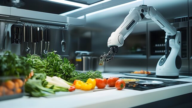 A futuristic kitchen featuring a robot chef using robotic arms to expertly chop vegetables and sauté ingredients. The high-tech environment highlights innovative cooking techniques and the integration