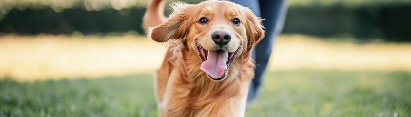 A playful golden retriever joyfully runs through a sunny green field, embodying happiness and companionship.