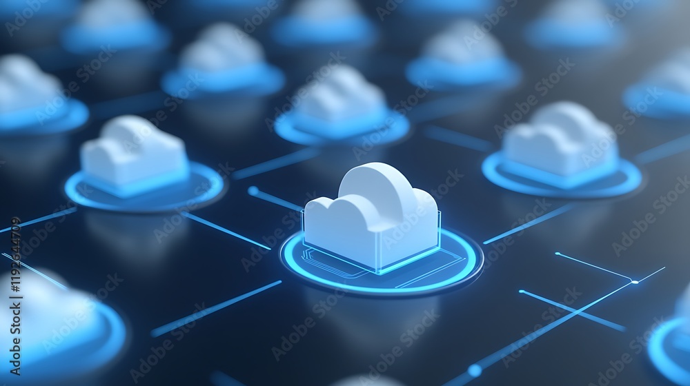 Poster digital cloud technology concept with 3d rendered clouds and futuristic networking patterns
