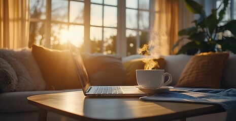 Cozy morning scene with steaming coffee cup beside an open laptop in a sunlit living room