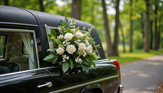 Hearse with funeral flowers arrangement featuring white roses on the side in a tranquil forest setting.