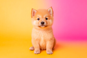 Obraz premium Portrait of cute fluffy puppy sitting on a colorful background. Free space for text.