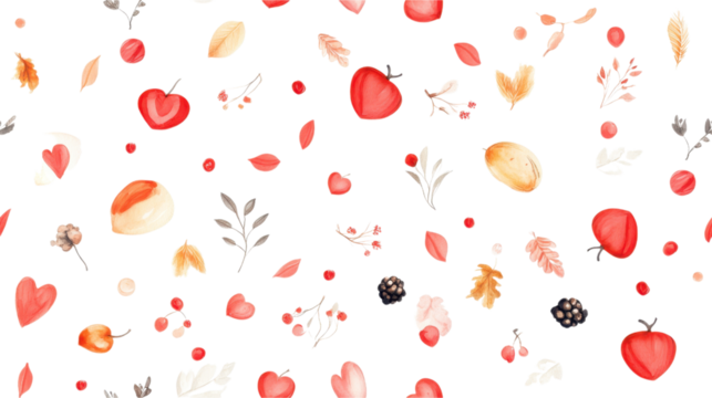 Watercolor Autumn Pattern with Fruits, Leaves, and Berries