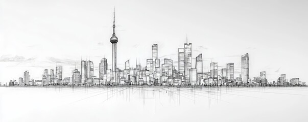 Obraz premium Architect sketching concept. A monochromatic skyline showcasing modern architecture and iconic structures.