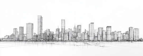 Architect sketching concept. A detailed sketch of a modern city skyline with various skyscrapers and buildings.