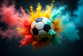 Fototapeta premium A soccer ball is at the center of a vibrant explosion of colored powder, creating an energetic and lively atmosphere. The background highlights the vivid colors of pink, yellow, and blue powder.