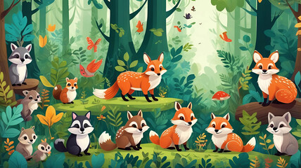 Cartoon style cute forest animals fox raccoon  owl squirrel colorful trees forest background