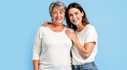 Fototapeta premium Smiling Women Pose Together Against a Light Blue Background