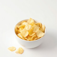 White bowl with potato chips isolated on white bakcground