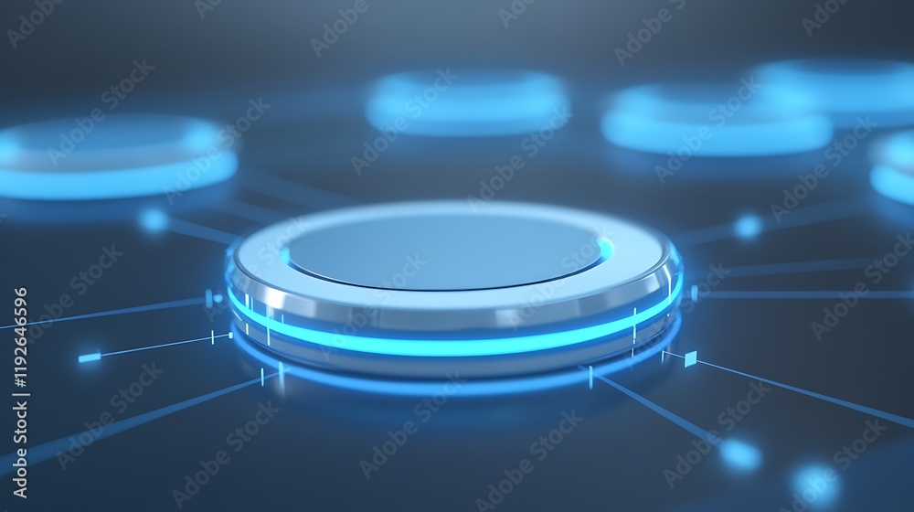 Poster futuristic circular button interface with blue neon glow and connecting lines in modern design style