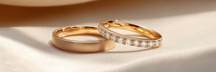 Elegant Gold Wedding Rings with Diamonds on Soft Background