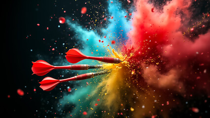 Three red darts strike a target, releasing a vibrant burst of colored powder into the air. The explosion creates a striking contrast against a dark background, capturing dynamic motion and energy.