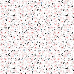 Soft pastel floral seamless pattern with tiny pink blossoms, black leaves, and blue heart accents—ideal for feminine fabric, wrapping paper, and cute designs.