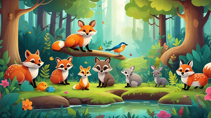 Cartoon style cute forest animals fox raccoon  owl squirrel colorful trees forest background