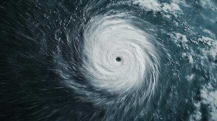 A powerful hurricane swirls above the ocean, showcasing its eye and spiral cloud formation against a backdrop of turbulent water.