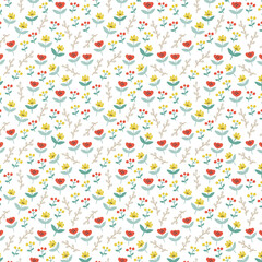 Whimsical floral seamless pattern with yellow, red, and teal blooms—ideal for playful fabric prints, kids’ decor, spring projects, and cheerful craft designs.