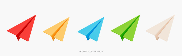 3D Origami paper airplane of different colours icon set. Send message or letter by email. Mail delivery. Social media communication. Cartoon design icons isolated on white. 3D Vector illustration