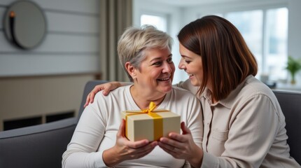 Heartwarming Gift Exchange Between Two Women in a Cozy Living Room Setting