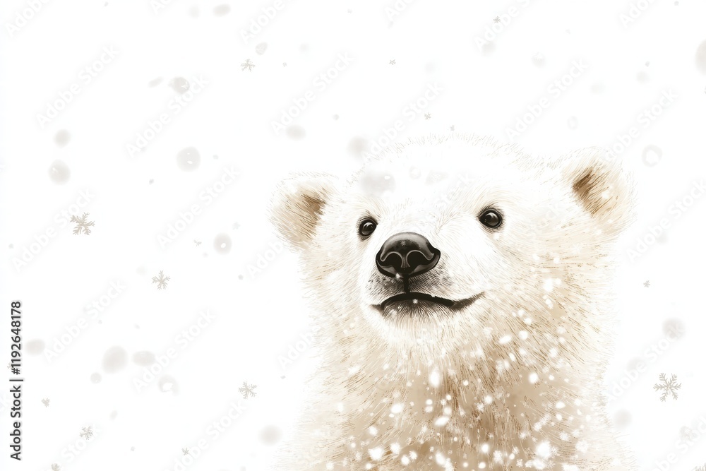 Poster polar bear cub playing in soft snowflakes during a winter wonderland scene. generative ai