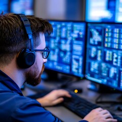A focused individual analyzes complex data on multiple screens, wearing headphones in a tech-driven environment.