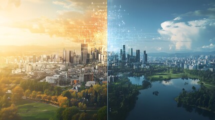Naklejka premium A split-screen image showing a bustling urban area on one side and a serene rural landscape on the other, with visual signals depicting extensive telecommunication network coverage 
