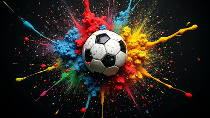 Naklejka premium A soccer ball rests at the center of a vibrant splash of paint featuring various colors. The contrast emphasizes the joy and dynamism of sports and creativity in action.