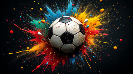 Fototapeta premium A soccer ball is central to the composition, with vibrant paint splashes in red, blue, yellow, and orange radiating outward. The dark background enhances the vivid colors.