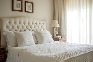 Elegant bedroom featuring a plush headboard, soft bedding, and natural light streaming in