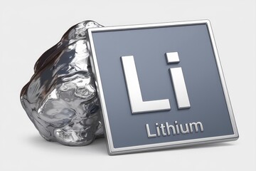 Lithium chemical element symbol and raw metal on white background