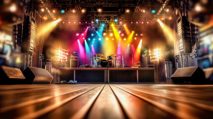 Colorful stage lights illuminate a concert venue before a live music performance at night