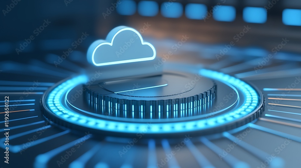 Poster futuristic cloud computing technology with glowing elements and digital interface background