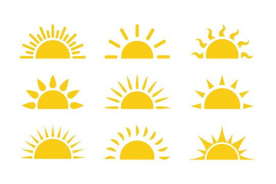 Set of sun flat cartoon icon. Half sun vector icons. Yellow sunrise or sunset. Elements for logo of sunrise, sunset.