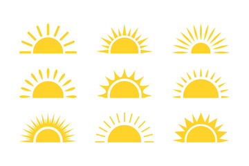 Set of half sun icon, sunrise ray, morning light burst, summer symbol. Yellow sun icon set. Hot solar energy for tan.