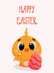 Cute illustration of a yellow chick hatching from a colorful Easter egg. Perfect for Easter greetings. Happy Easter Day