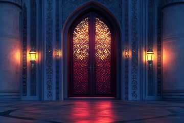 Fototapeta premium A beautifully ornate doorway with intricate patterns, illuminated by lanterns.
