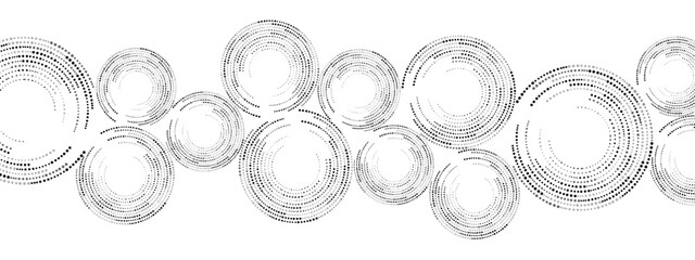 Grayscale abstract background of dots. Texture of random particles. Chaotic ornament, mosaic, circular pattern of small dots.  Design banners, posters, websites,social media frameworks. Vector 